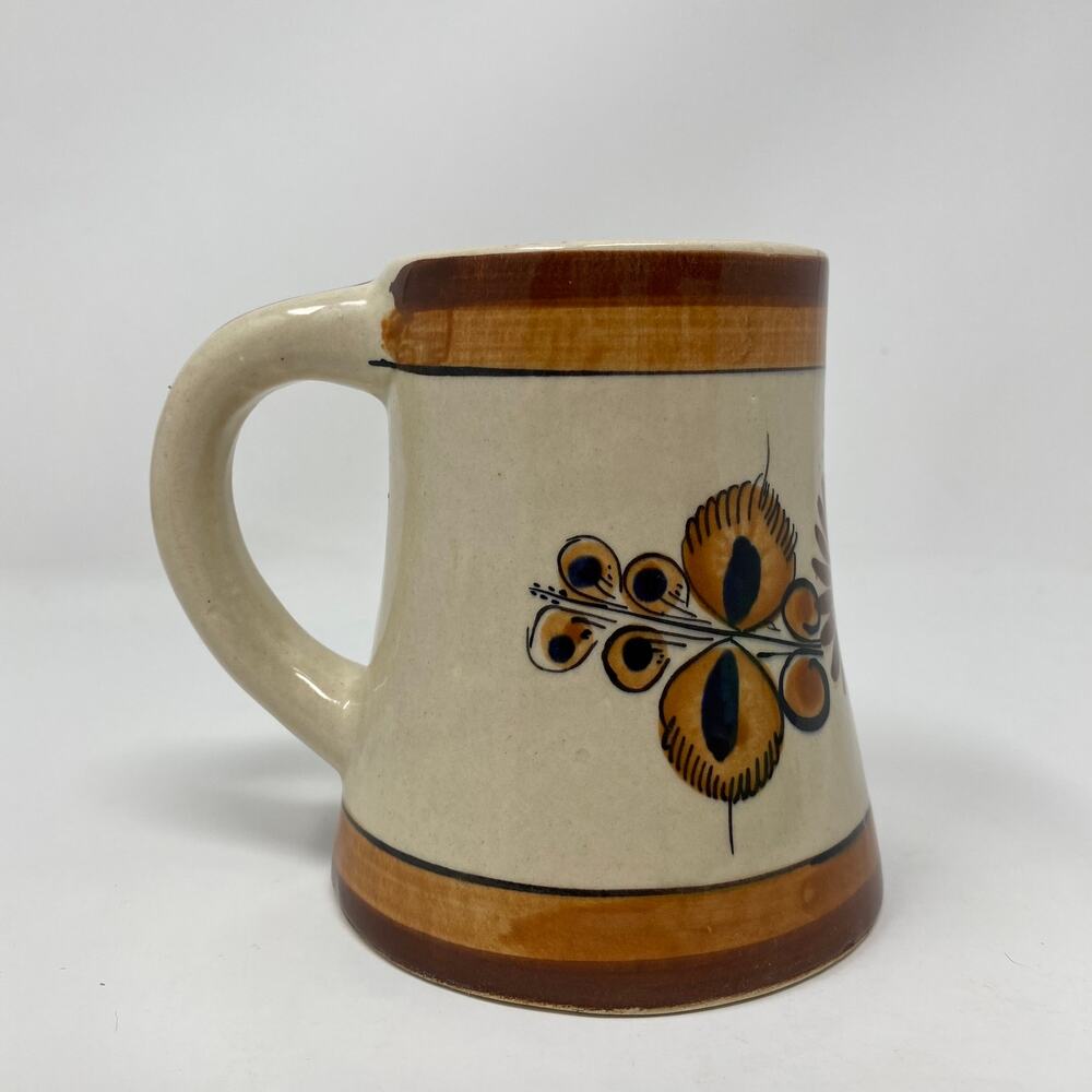 Mexican Tonala pottery mug brown flowers